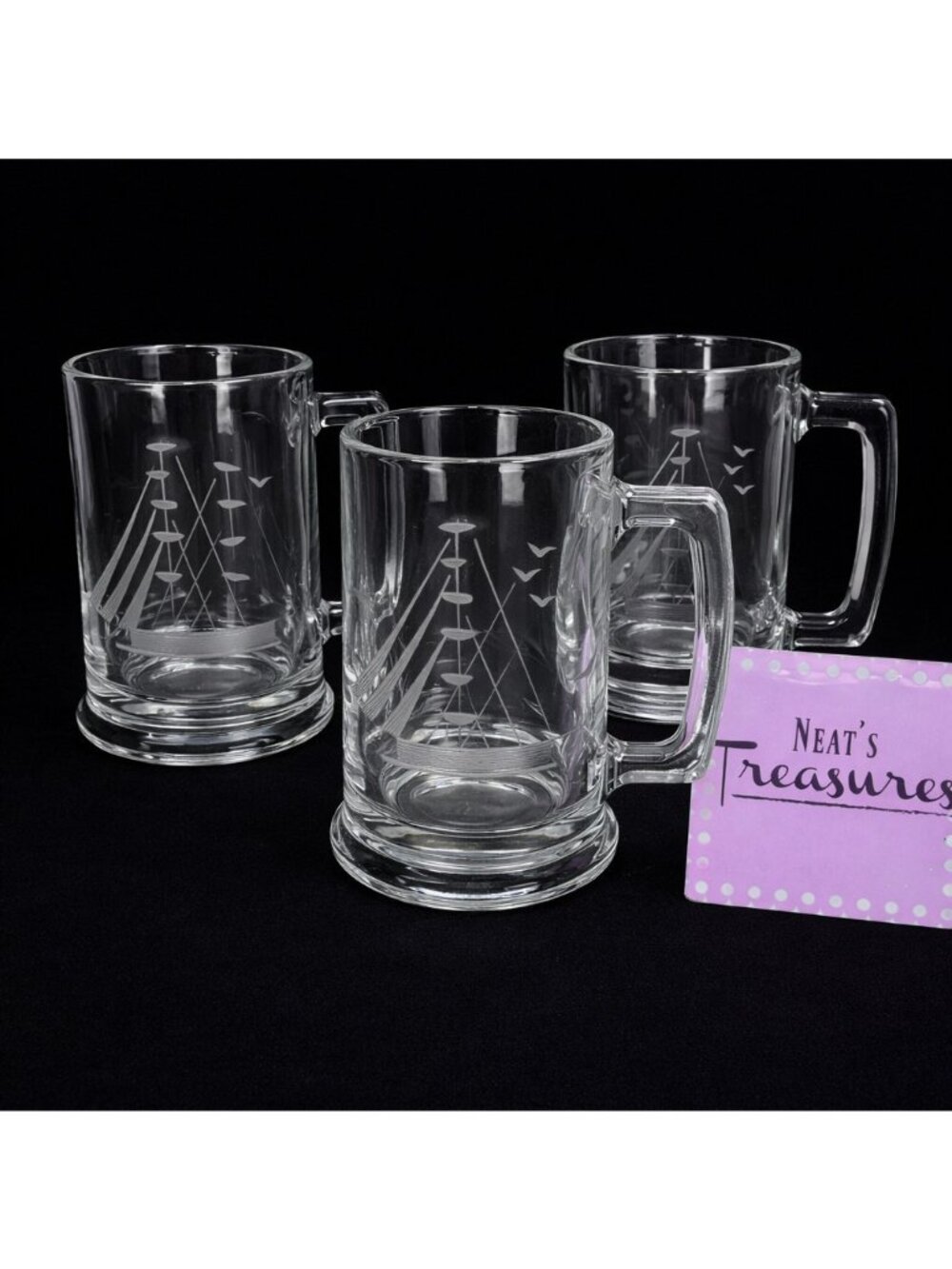 Vintage Javit CLIPPER Etched Schooner Ship Clear Blown Glass 16oz Beer Mug Set 3